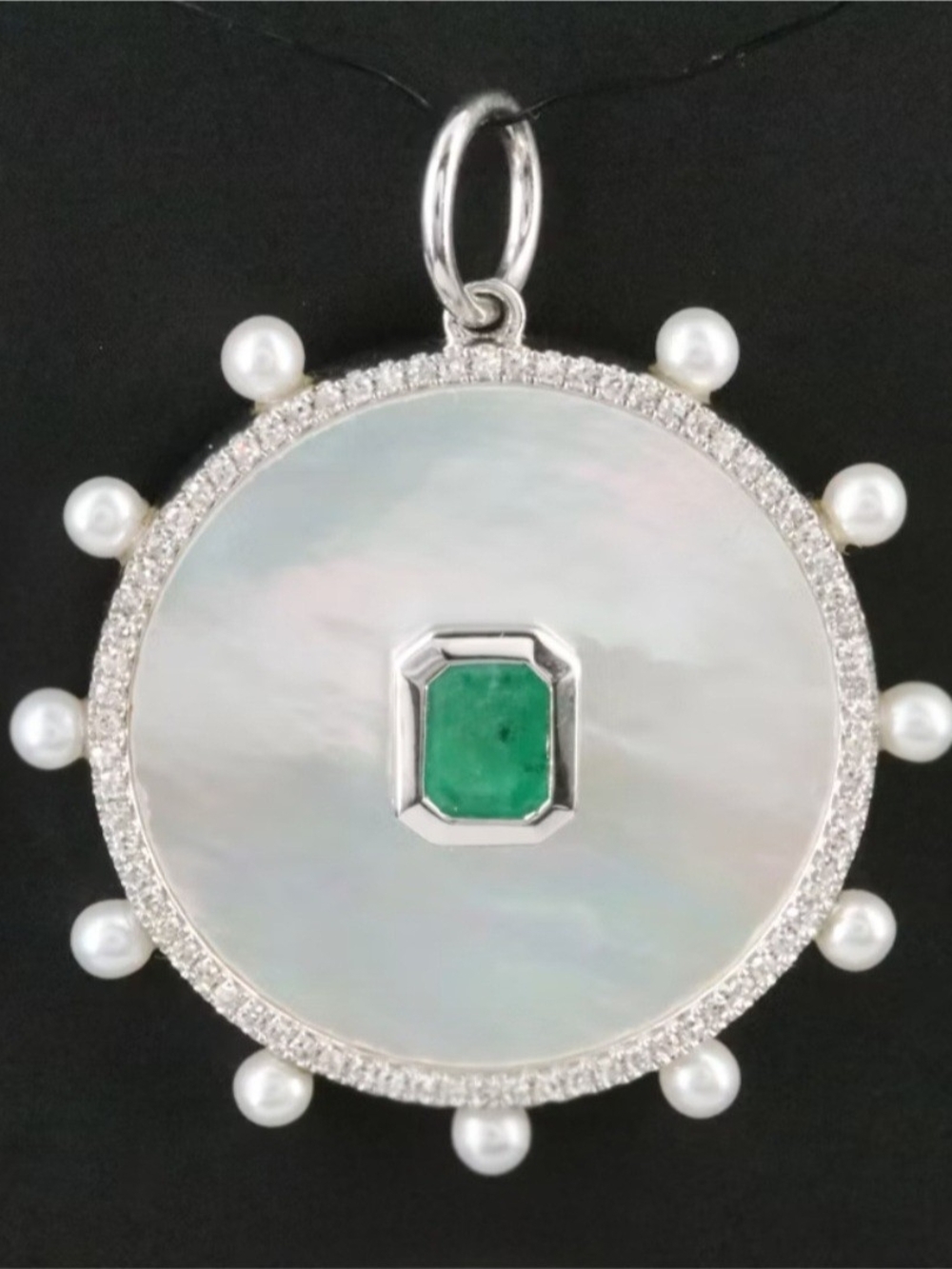 14K White Gold Emerald Mother-of-Pearl Diamond Seed Pearl Pendant Unique